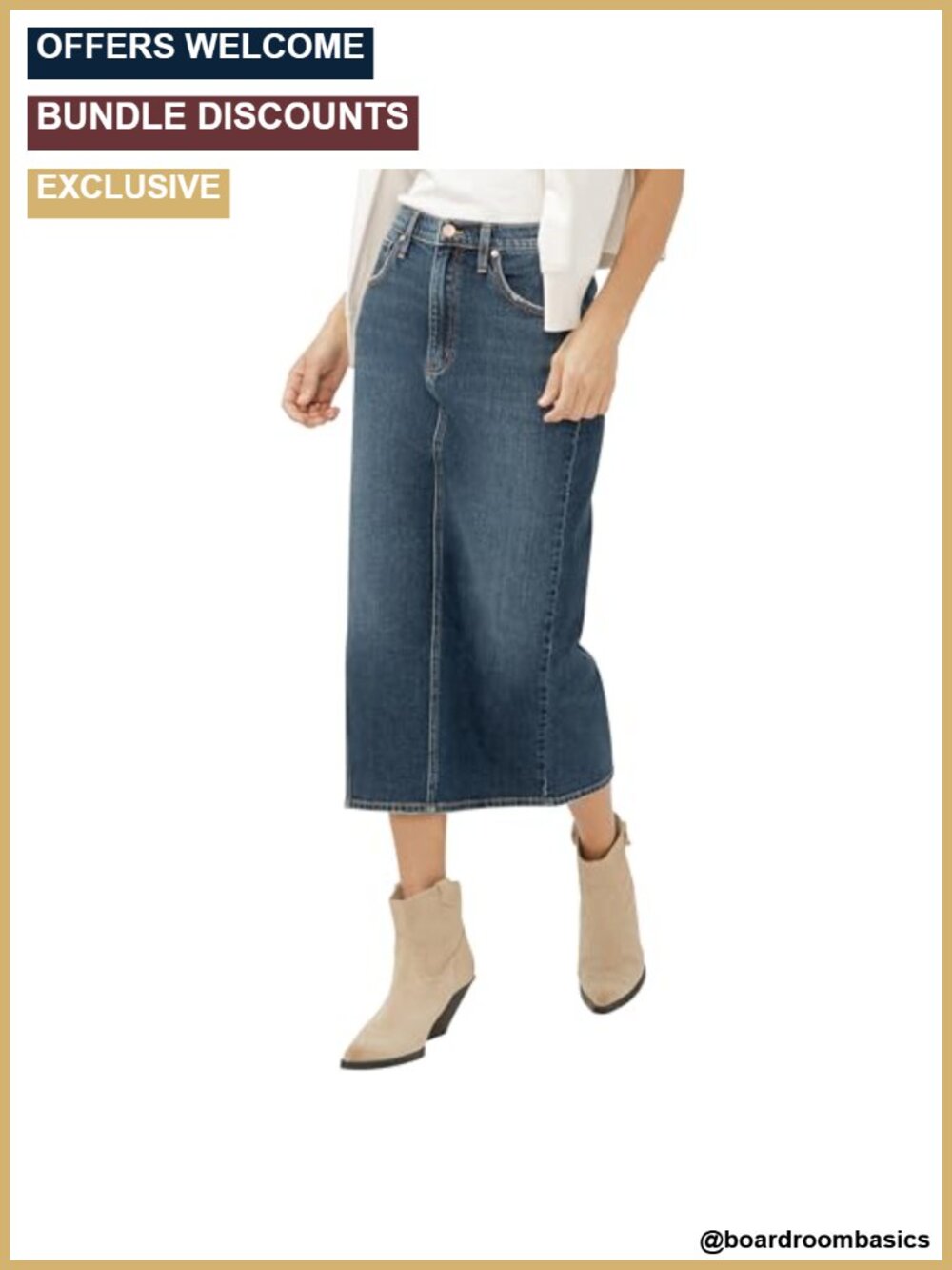 High Rise Denim Midi Skirt Side Slit Stretch Relaxed Fit Casual